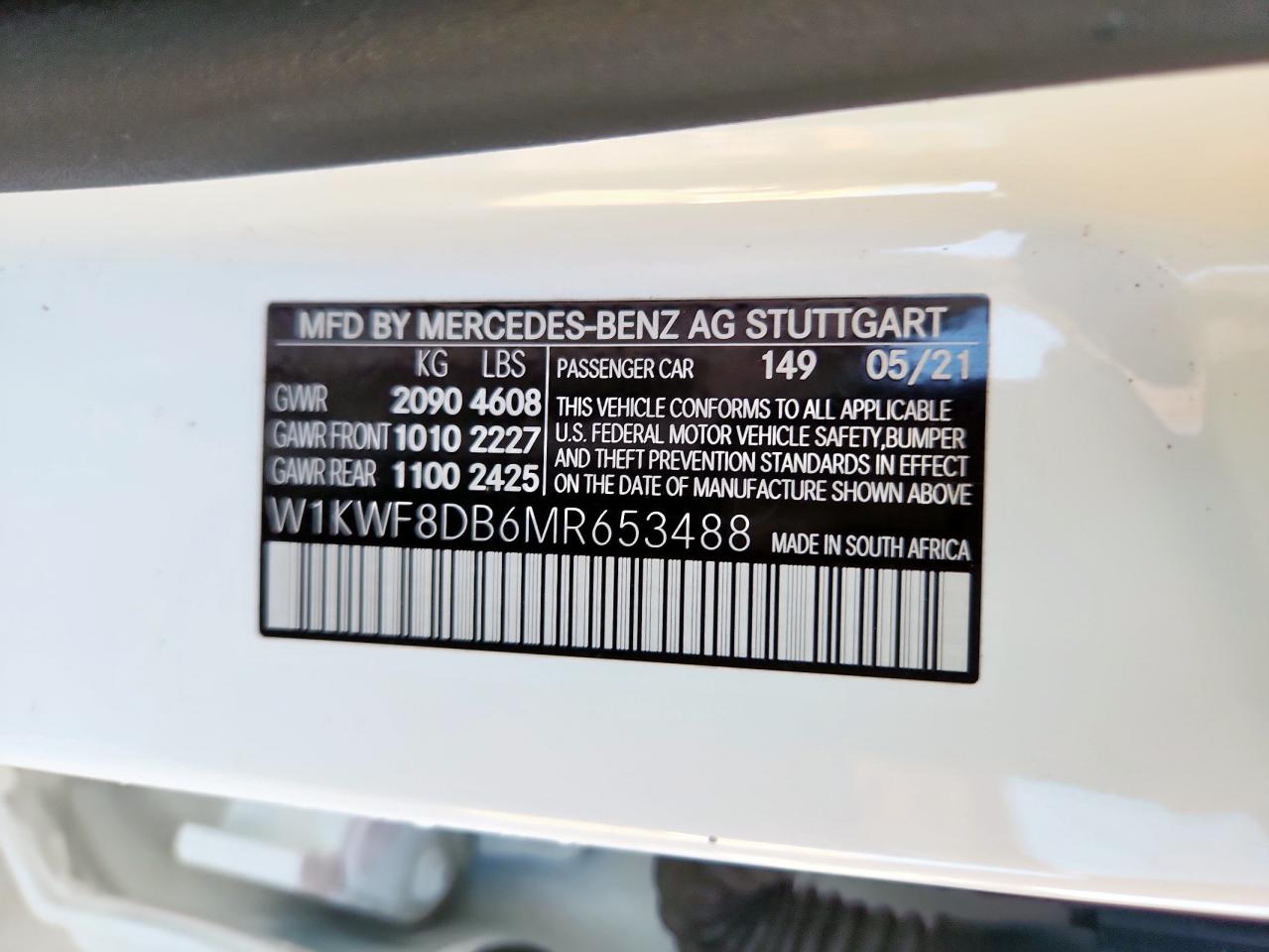 2021 Mercedes-Benz C 300 VIN: W1KWF8DB6MR653488 Lot: 68978685