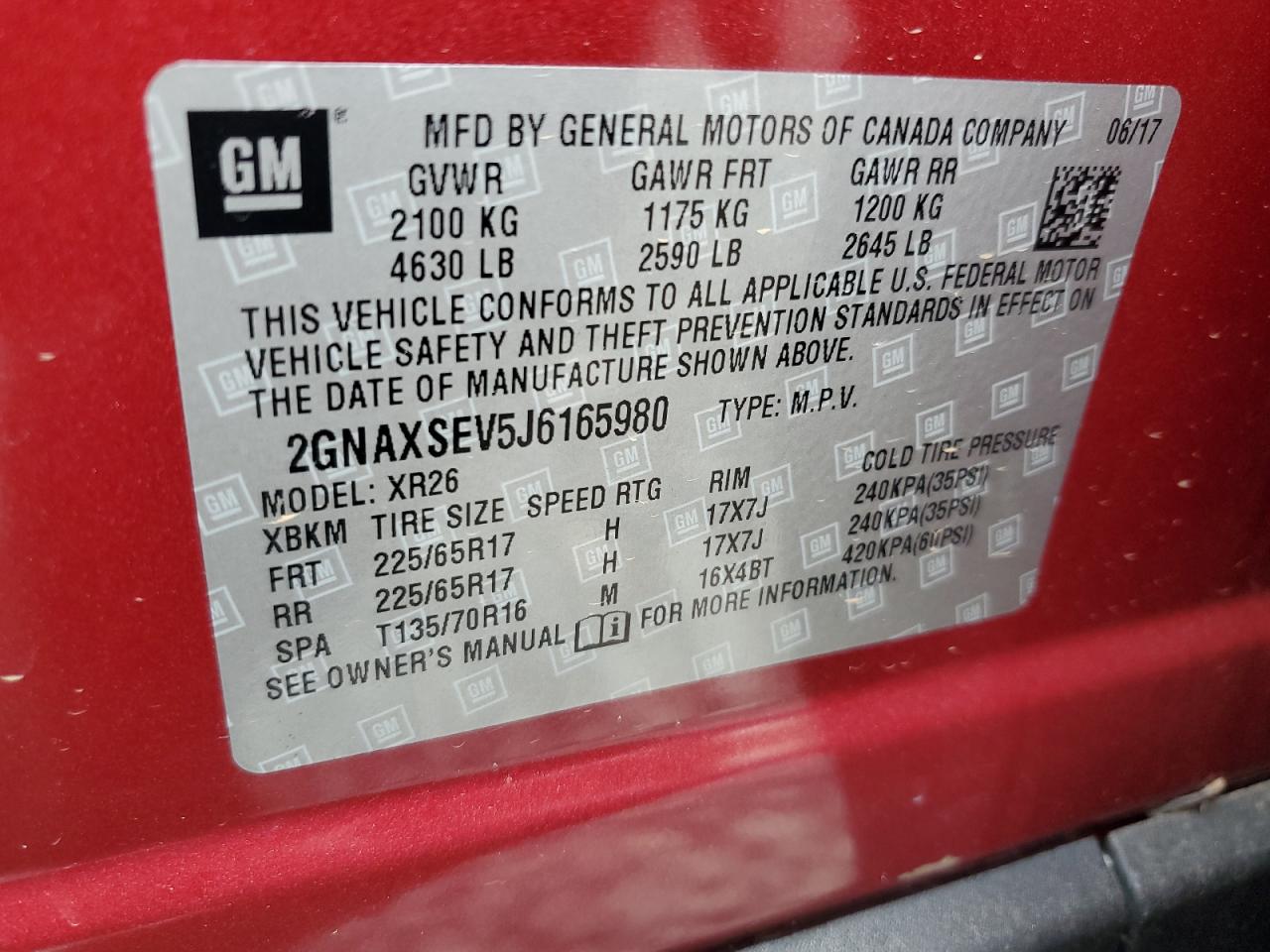 2018 Chevrolet Equinox Lt VIN: 2GNAXSEV5J6165980 Lot: 69562305