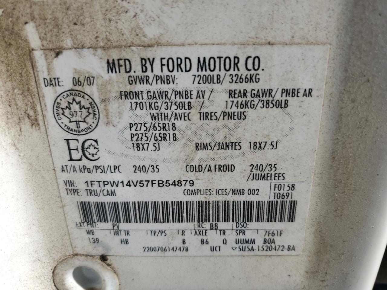 2007 Ford F150 Supercrew VIN: 1FTPW14V57FB54879 Lot: 70299135