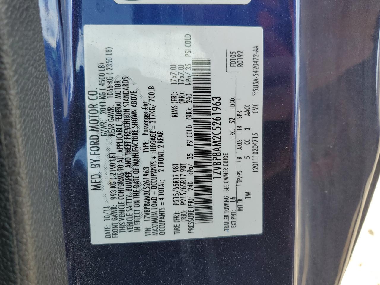 2012 Ford Mustang VIN: 1ZVBP8AM2C5261963 Lot: 69756495