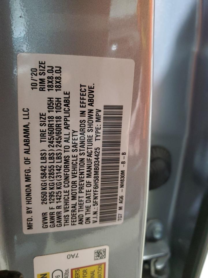 2021 Honda Pilot Exl VIN: 5FNYF6H58MB034425 Lot: 69091575