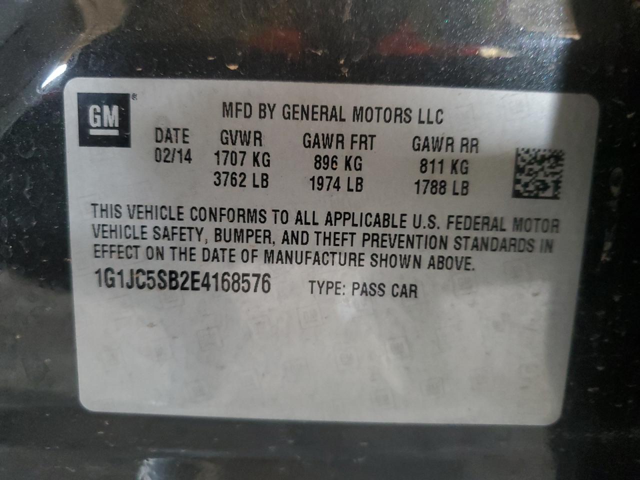 2014 Chevrolet Sonic Lt VIN: 1G1JC5SB2E4168576 Lot: 70909605