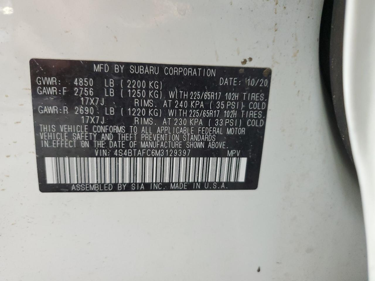 2021 Subaru Outback Premium VIN: 4S4BTAFC6M3129397 Lot: 67679205