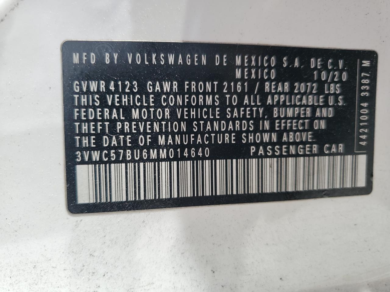 2021 Volkswagen Jetta S VIN: 3VWC57BU6MM014640 Lot: 68660345