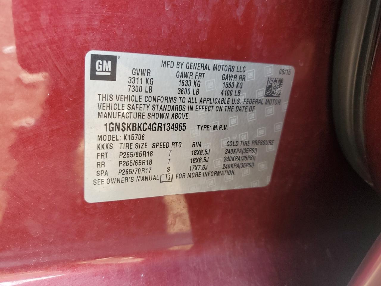 2016 Chevrolet Tahoe K1500 Lt VIN: 1GNSKBKC4GR134965 Lot: 68650385