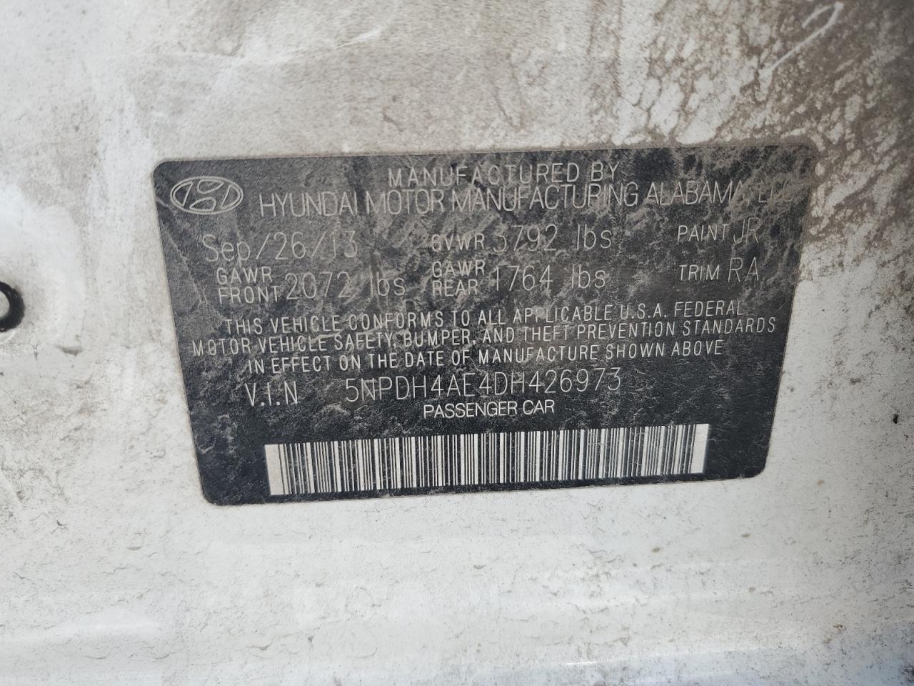 2013 Hyundai Elantra Gls VIN: 5NPDH4AE4DH426973 Lot: 67740695