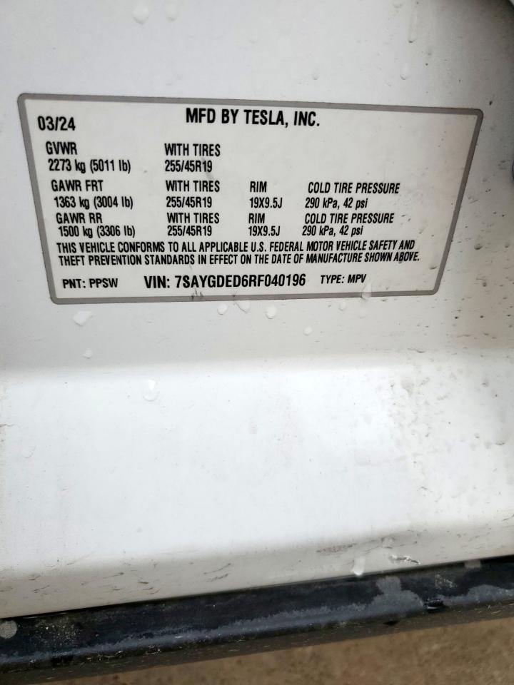 2024 Tesla Model Y VIN: 7SAYGDED6RF040196 Lot: 67114345