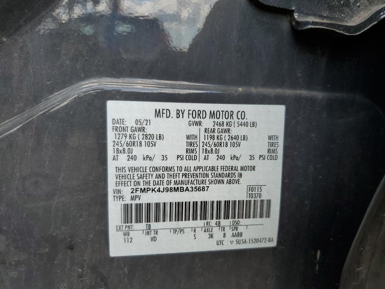 2021 Ford Edge Sel VIN: 2FMPK4J98MBA35687 Lot: 70331085