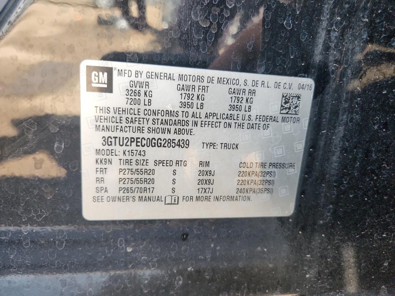 2016 GMC Sierra K1500 Denali VIN: 3GTU2PEC0GG285439 Lot: 70225815