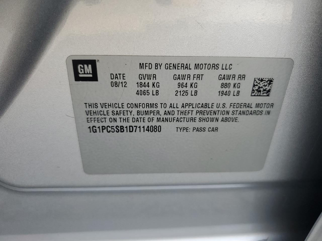 2013 Chevrolet Cruze Lt VIN: 1G1PC5SB1D7114080 Lot: 69040745