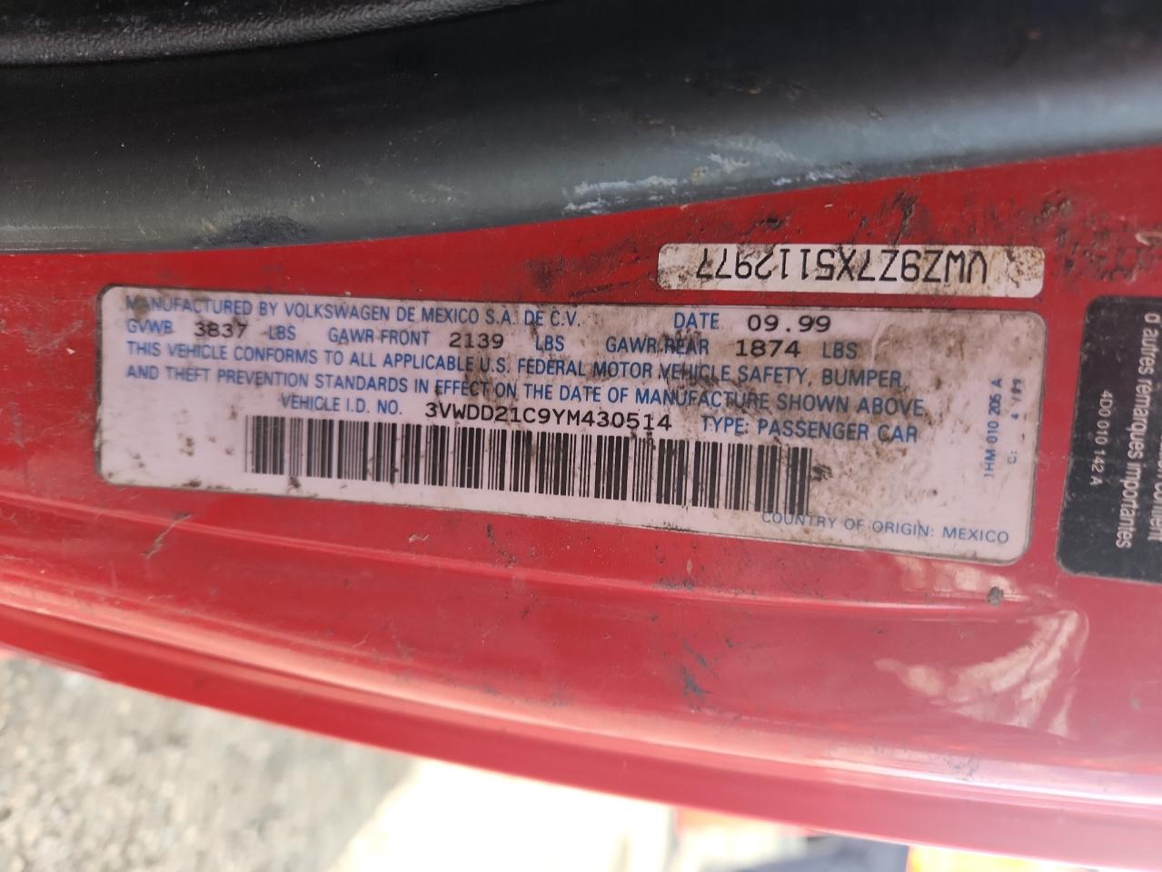 2000 Volkswagen New Beetle Glx VIN: 3VWDD21C9YM430514 Lot: 70367375