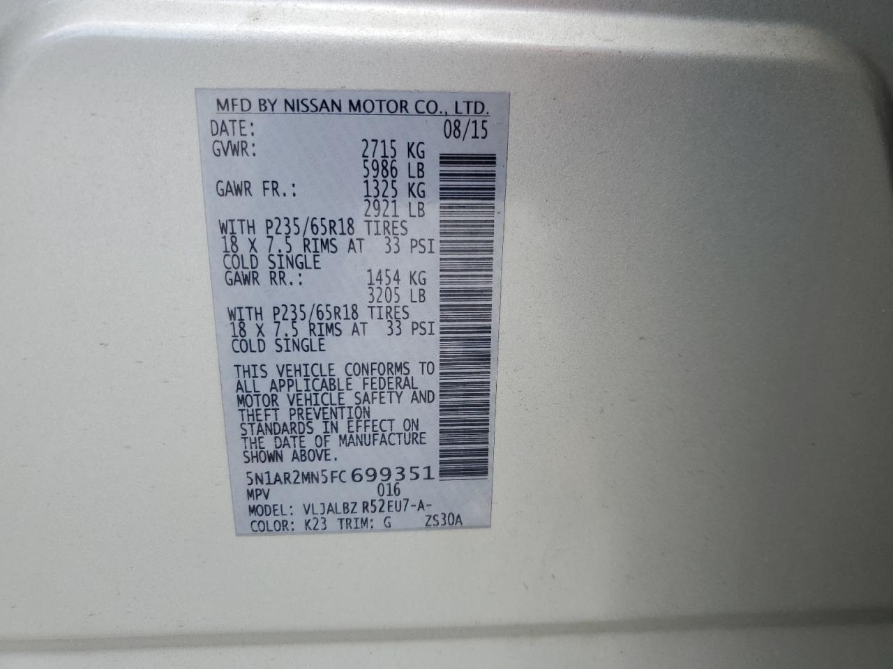 2015 Nissan Pathfinder S VIN: 5N1AR2MN5FC699351 Lot: 67265755