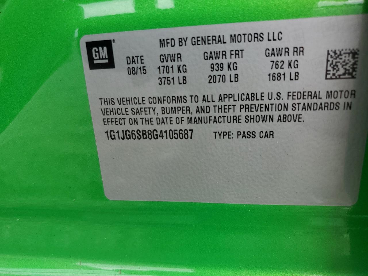 2016 Chevrolet Sonic Rs VIN: 1G1JG6SB8G4105687 Lot: 70354405