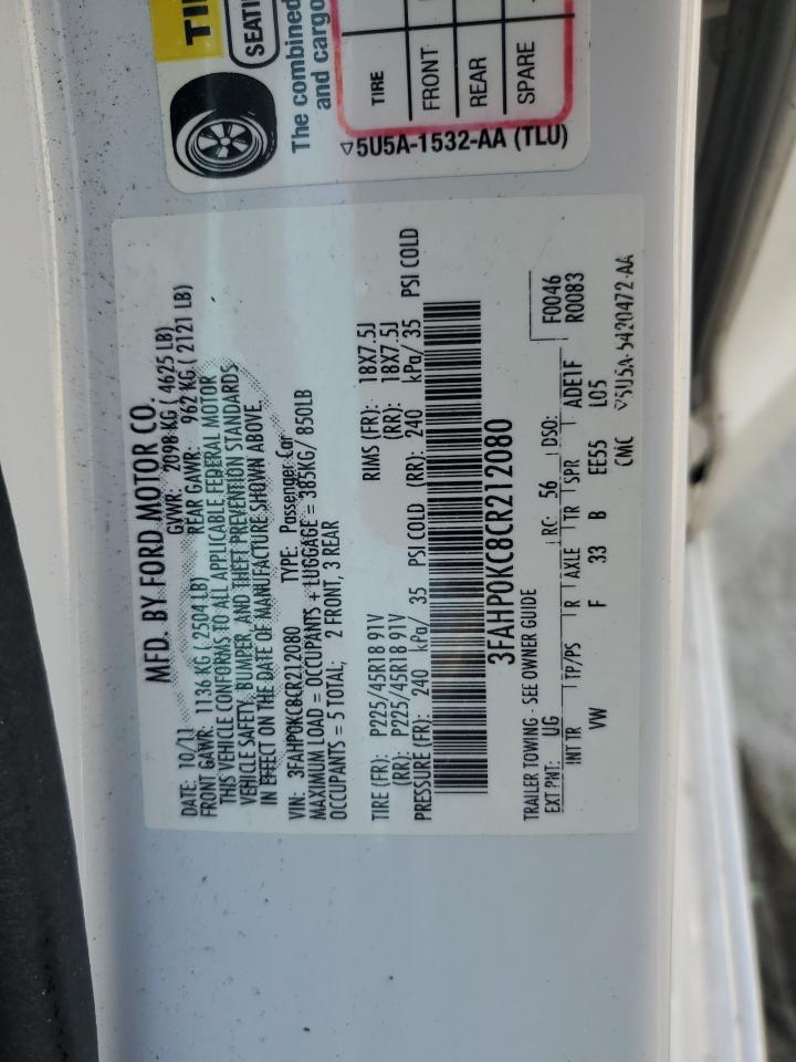 2012 Ford Fusion Sport VIN: 3FAHP0KC8CR212080 Lot: 69483995