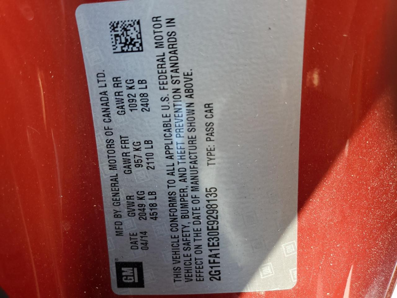 2014 Chevrolet Camaro Ls VIN: 2G1FA1E30E9298135 Lot: 68266635