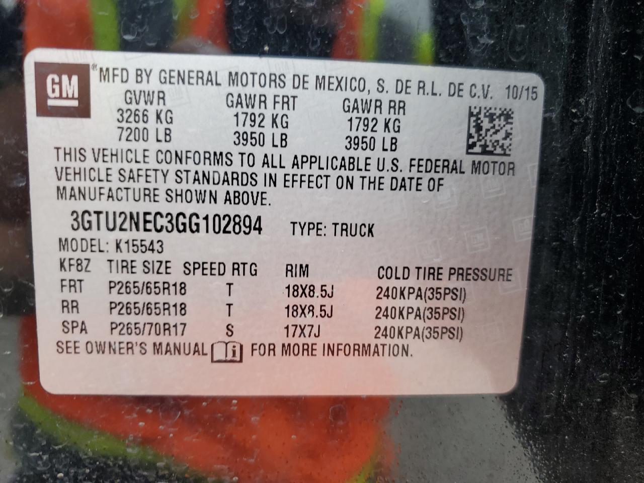 2016 GMC Sierra K1500 Slt VIN: 3GTU2NEC3GG102894 Lot: 70354095