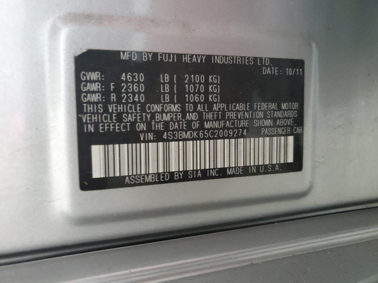 2012 Subaru Legacy 3.6R Limited VIN: 4S3BMDK65C2009274 Lot: 67773485