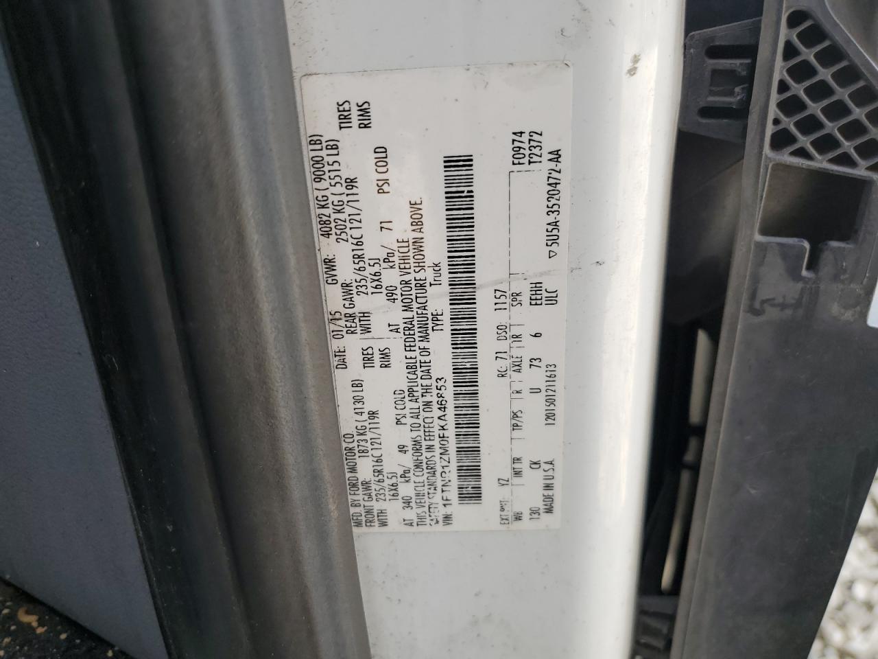 2015 Ford Transit T-250 VIN: 1FTNR1ZM0FKA46853 Lot: 71005495