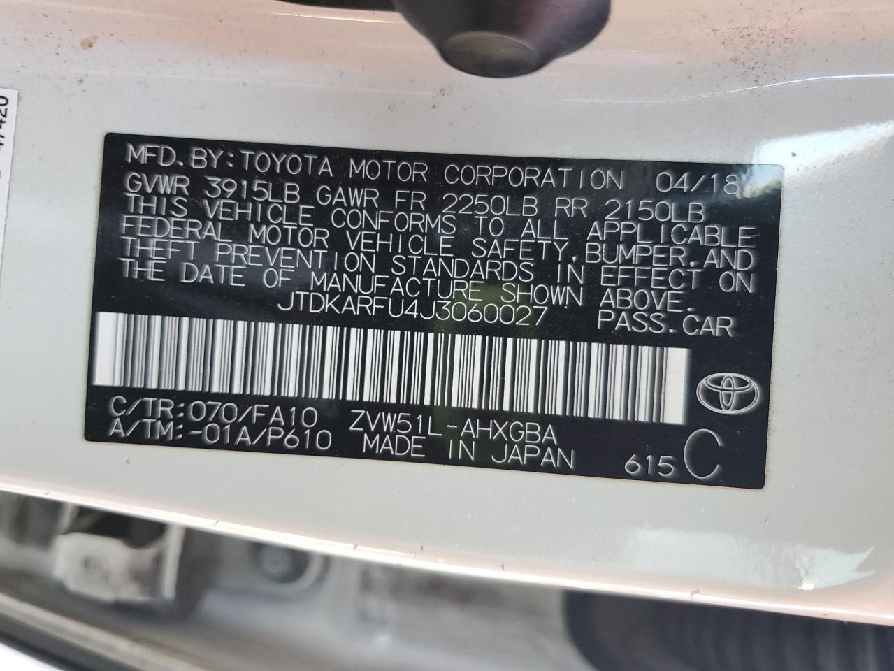 2018 Toyota Prius VIN: JTDKARFU4J3060027 Lot: 70941115