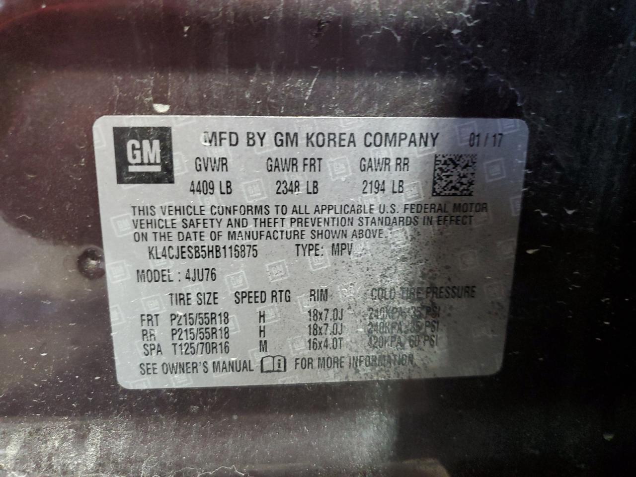 2017 Buick Encore Preferred VIN: KL4CJESB5HB116875 Lot: 70895055