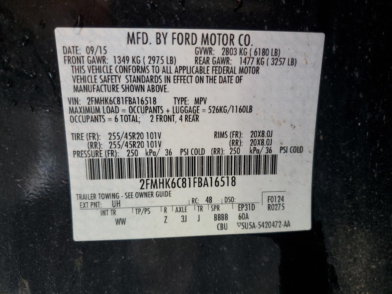 2015 Ford Flex Sel VIN: 2FMHK6C81FBA16518 Lot: 69818205