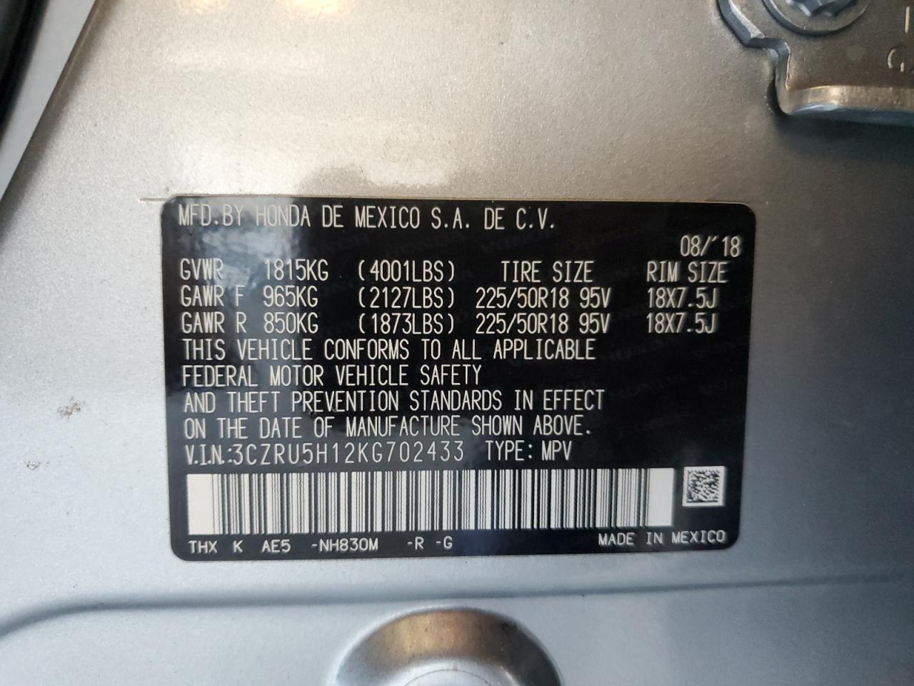 2019 Honda Hr-V Sport VIN: 3CZRU5H12KG702433 Lot: 69257795