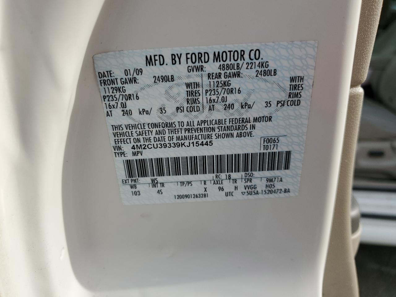 2009 Mercury Mariner Hybrid VIN: 4M2CU39339KJ15445 Lot: 67471755