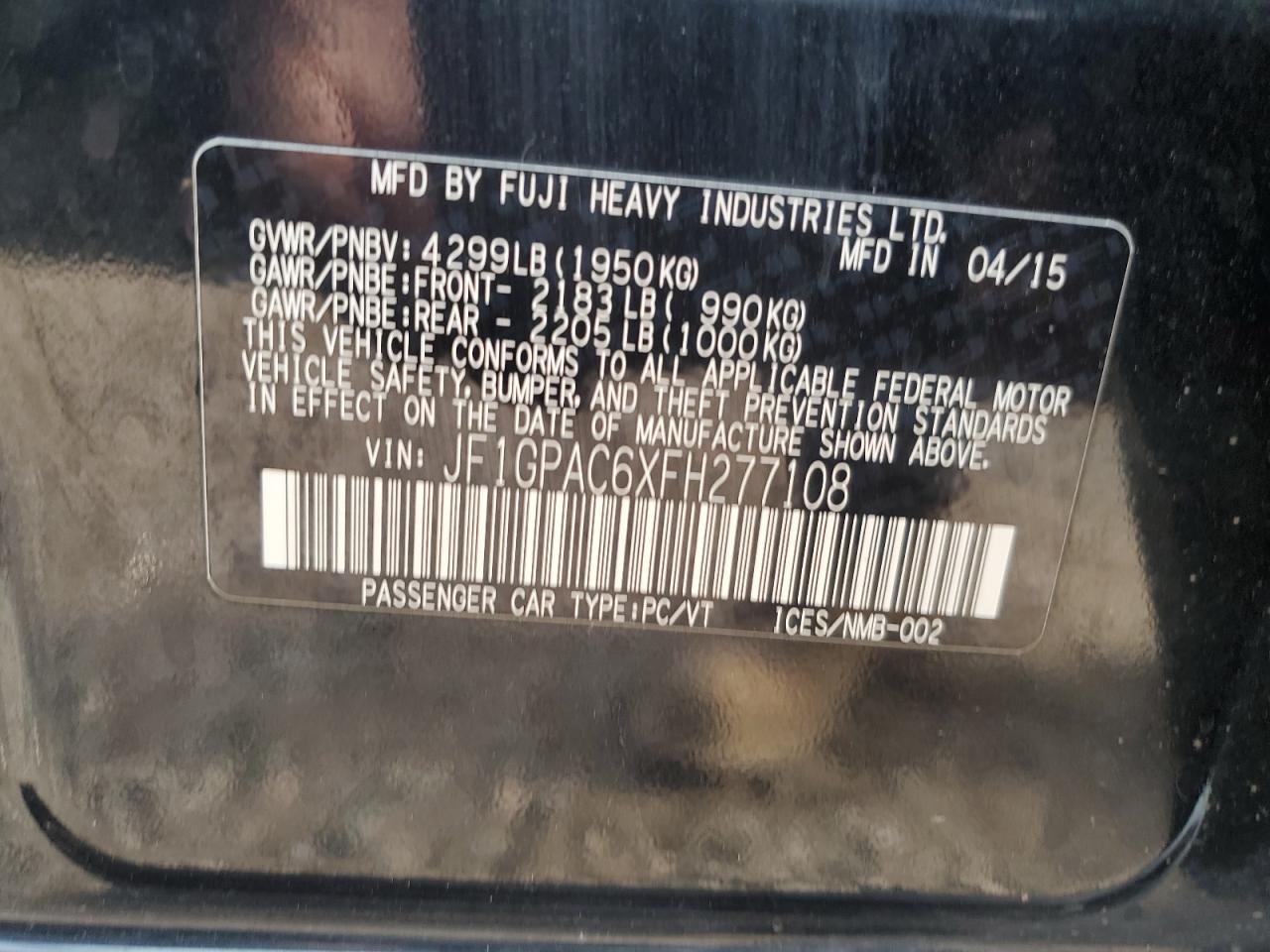 2015 Subaru Impreza Premium VIN: JF1GPAC6XFH277108 Lot: 70914575