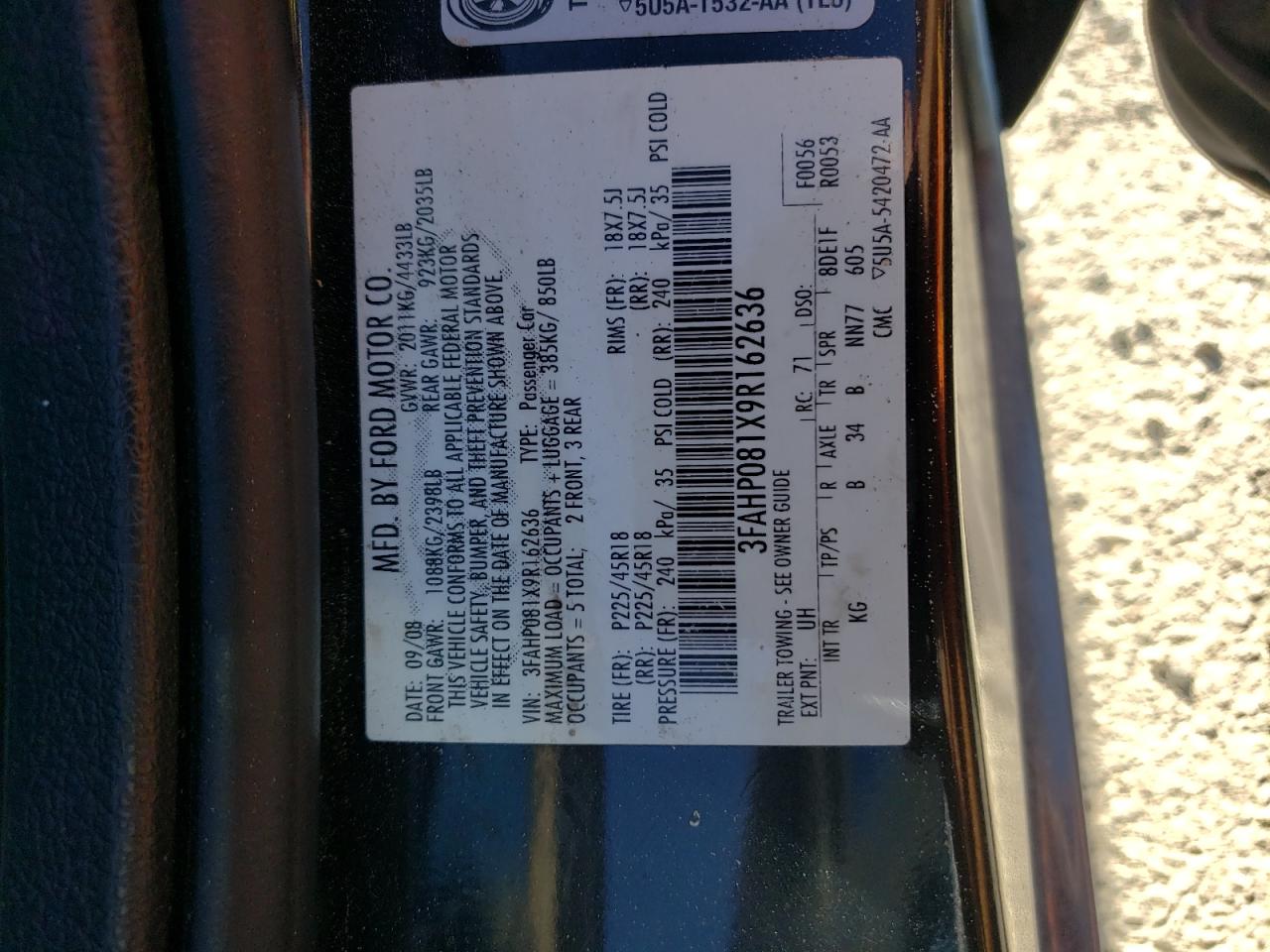 2009 Ford Fusion Sel VIN: 3FAHP081X9R162636 Lot: 67668485