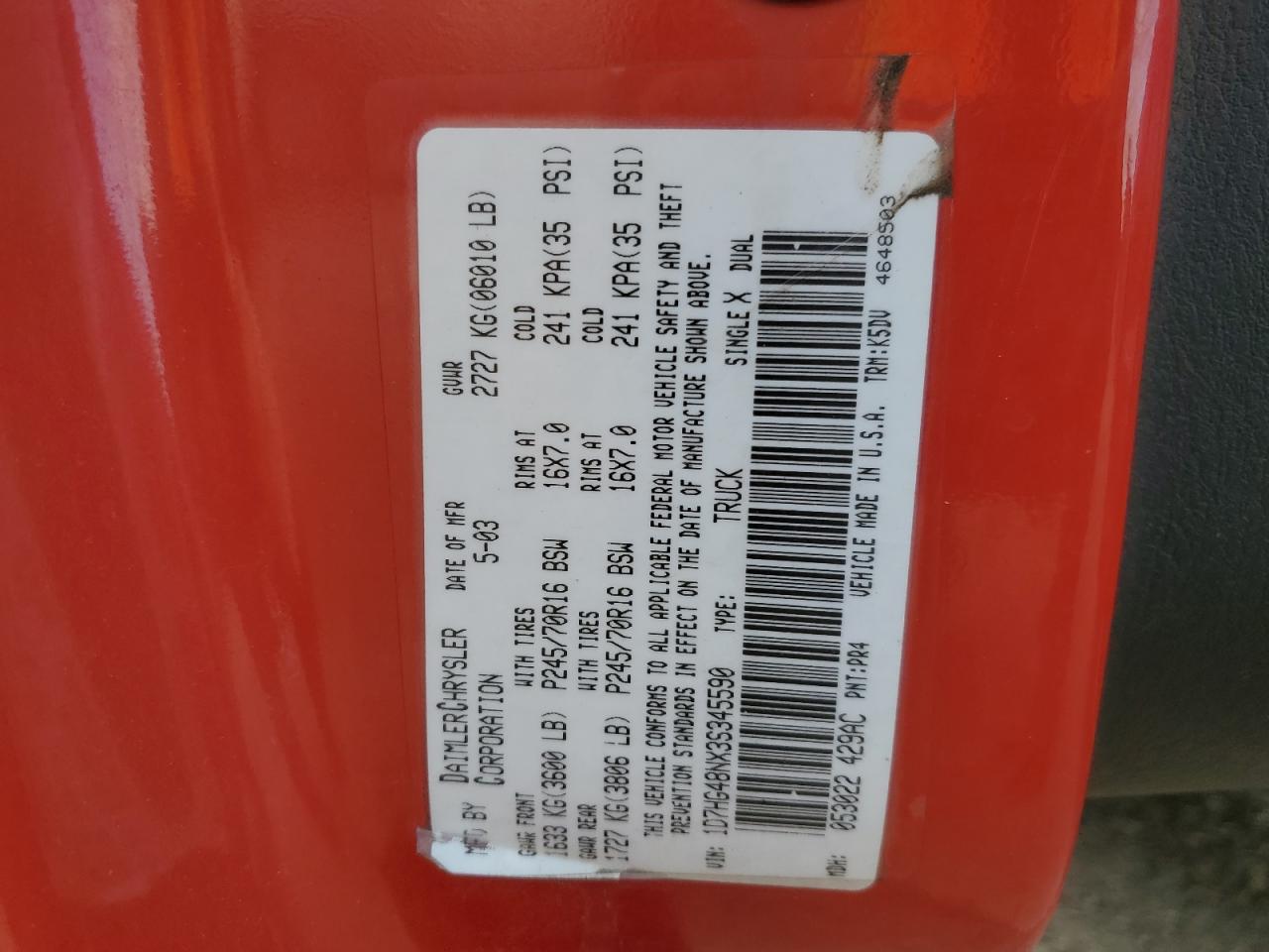 2003 Dodge Dakota Quad Slt VIN: 1D7HG48NX3S345590 Lot: 70002875