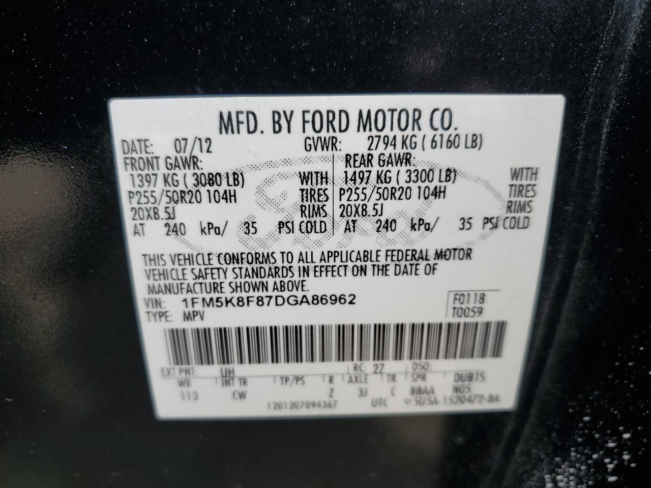 2013 Ford Explorer Limited VIN: 1FM5K8F87DGA86962 Lot: 65736485