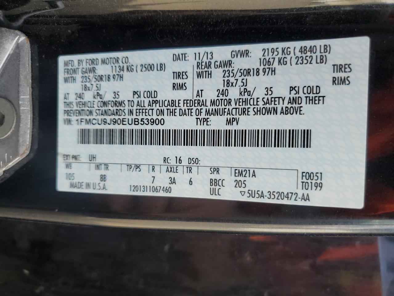 2014 Ford Escape Titanium VIN: 1FMCU9J90EUB53900 Lot: 70951655