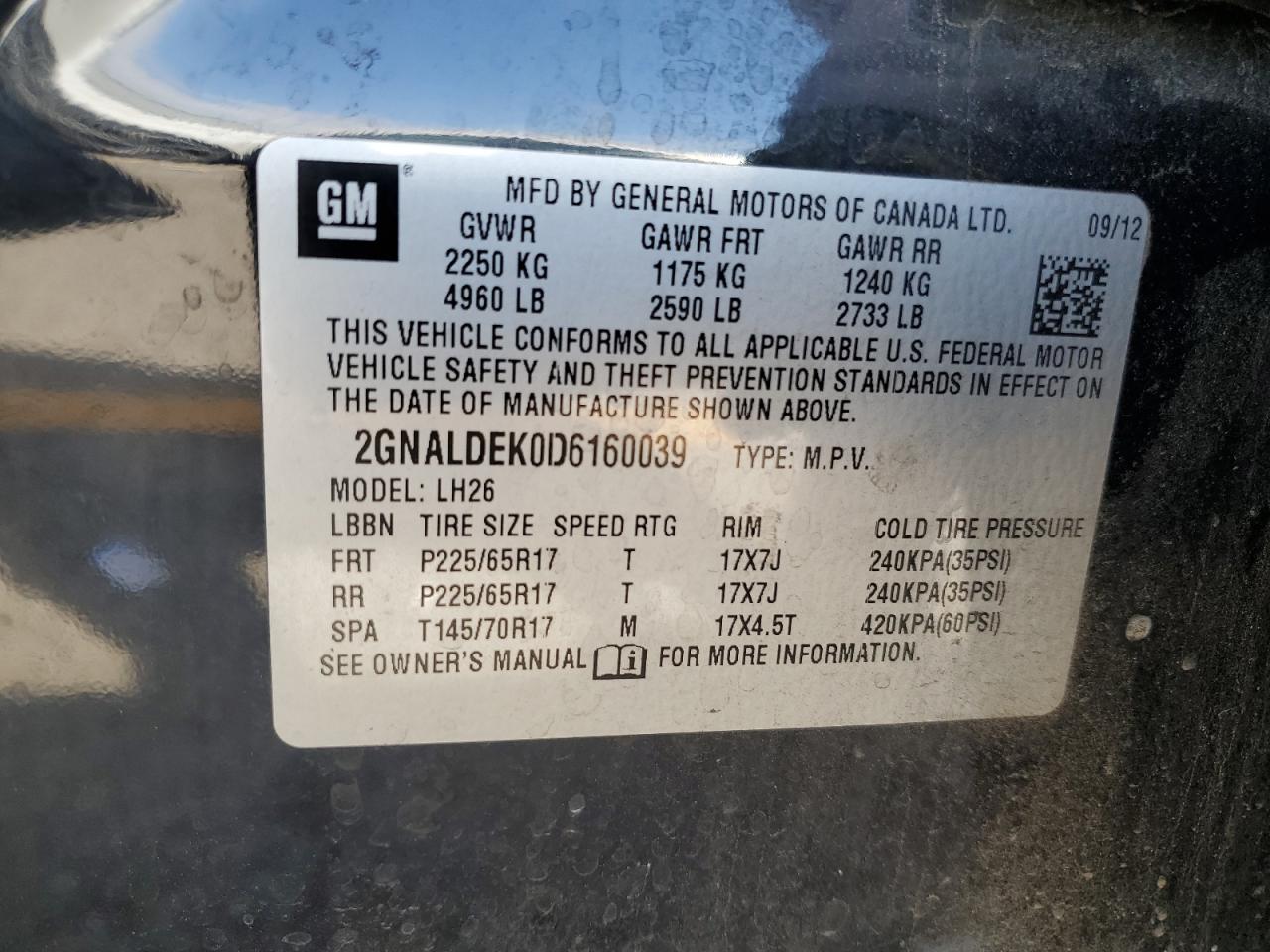 2013 Chevrolet Equinox Lt VIN: 2GNALDEK0D6160039 Lot: 70467065