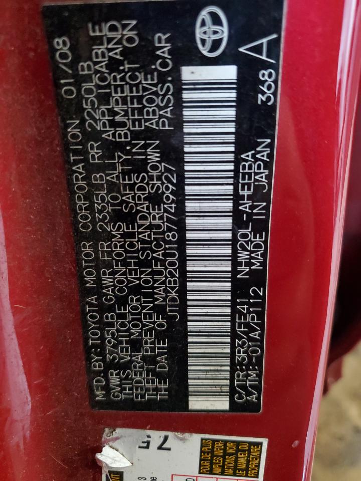 2008 Toyota Prius VIN: JTDKB20U187749927 Lot: 68847265