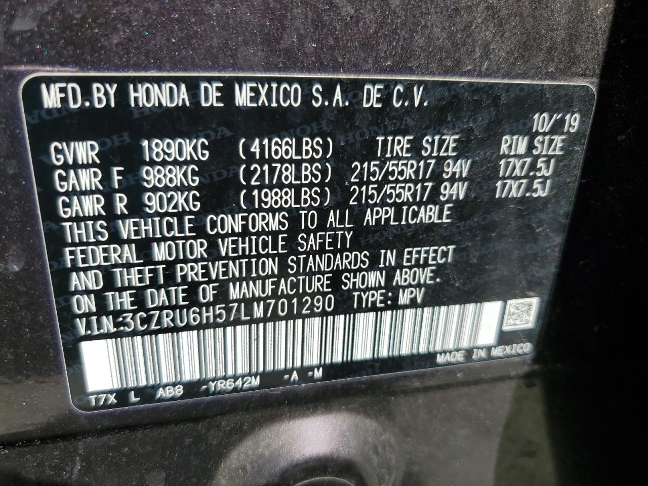 2020 Honda Hr-V Ex VIN: 3CZRU6H57LM701290 Lot: 70142145