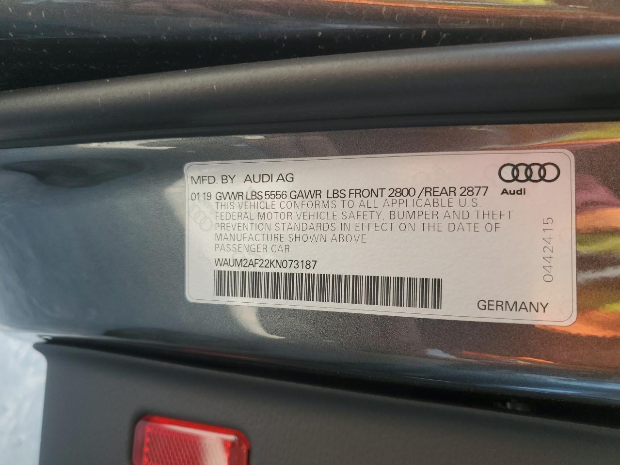 2019 Audi A6 Prestige VIN: WAUM2AF22KN073187 Lot: 69050005