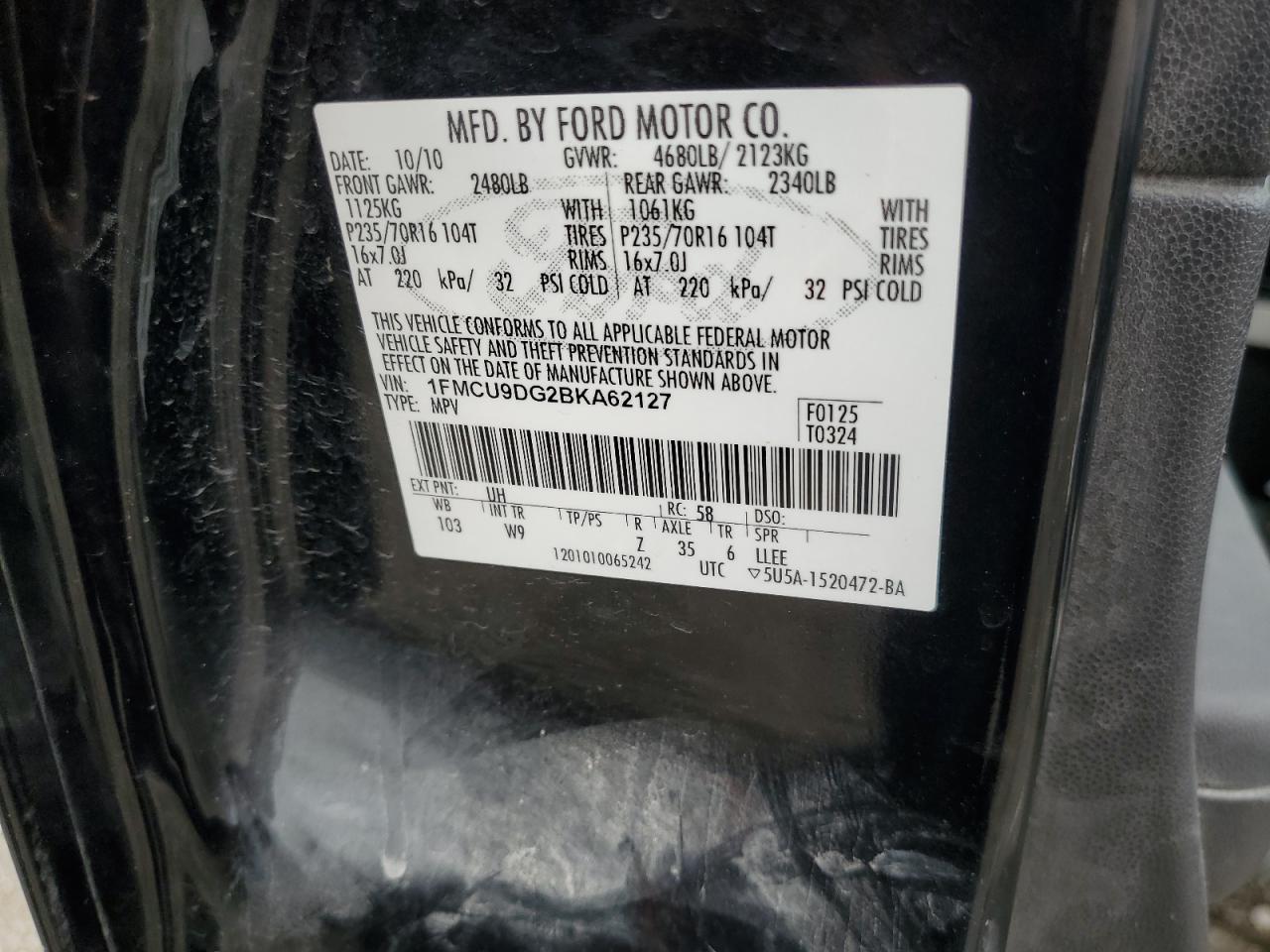 2011 Ford Escape Xlt VIN: 1FMCU9DG2BKA62127 Lot: 68227605