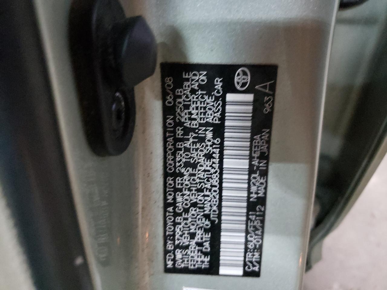 2008 Toyota Prius VIN: JTDKB20U883444416 Lot: 66684235