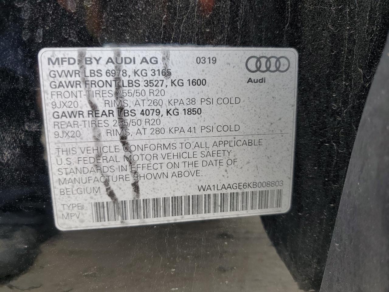 2019 Audi E-Tron Premium Plus VIN: WA1LAAGE6KB008803 Lot: 68164905