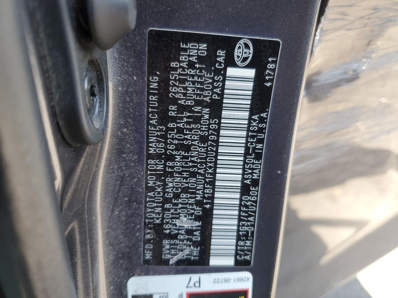 2013 Toyota Camry L VIN: 4T1BF1FKXDU279795 Lot: 71131595