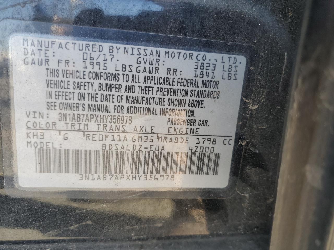 2017 Nissan Sentra S VIN: 3N1AB7APXHY356978 Lot: 69861635