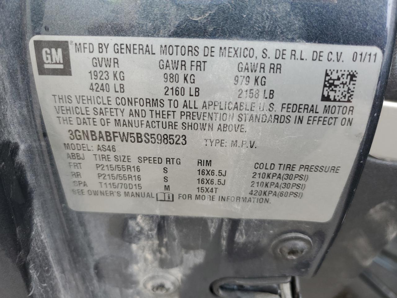 2011 Chevrolet Hhr Lt VIN: 3GNBABFW5BS598523 Lot: 67117295