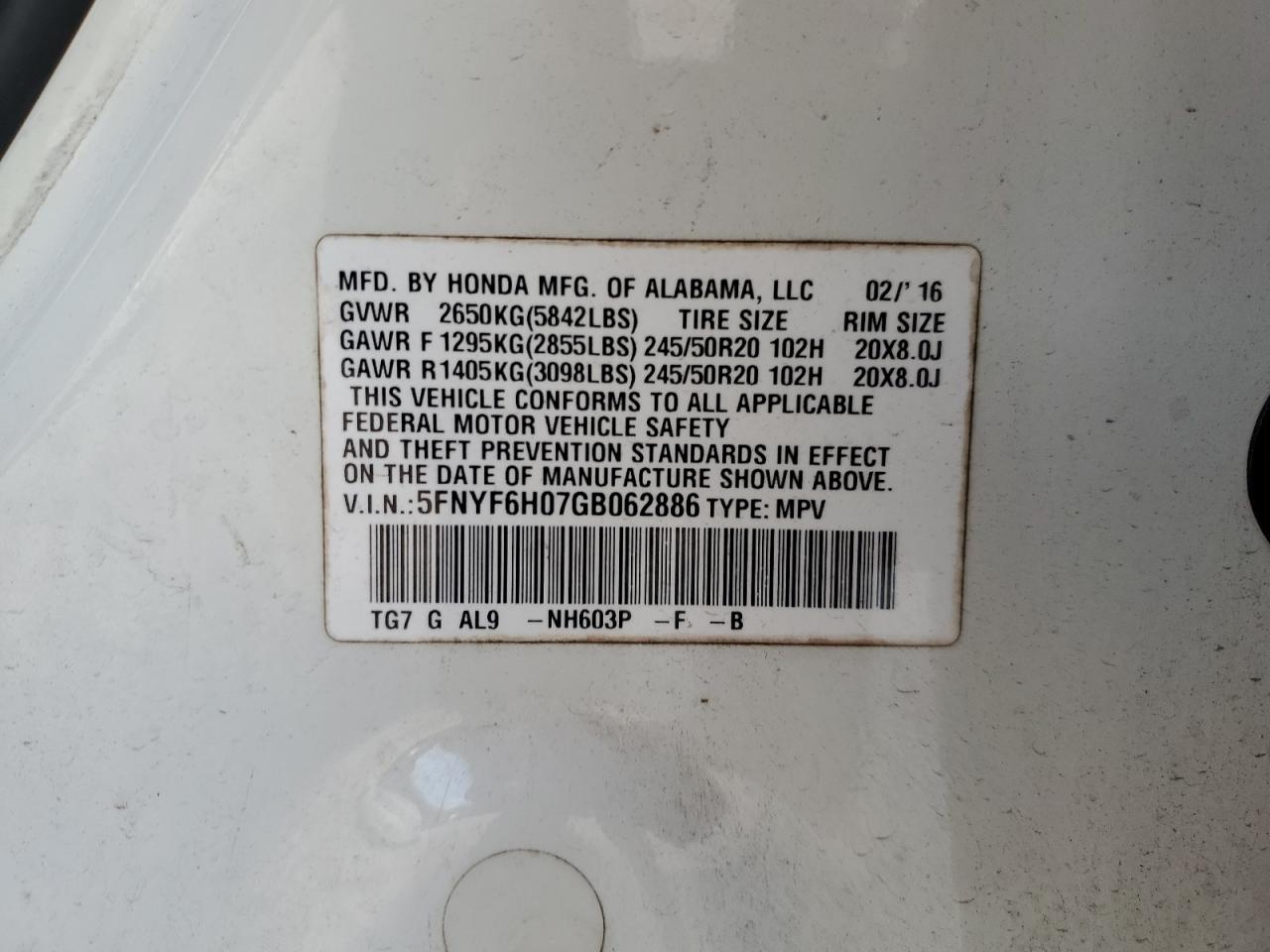 2016 Honda Pilot Elite VIN: 5FNYF6H07GB062886 Lot: 67012895