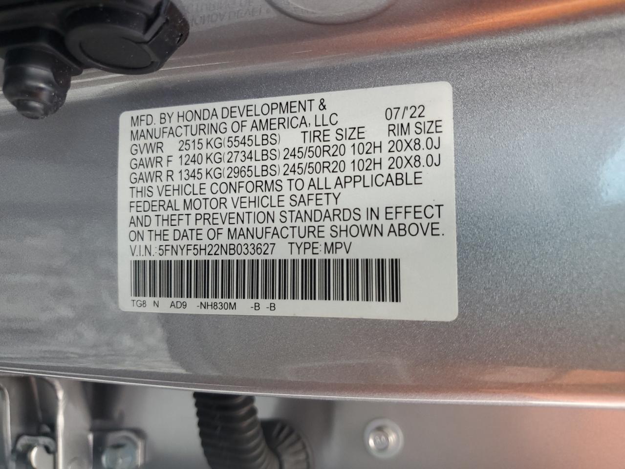 2022 Honda Pilot Se VIN: 5FNYF5H22NB033627 Lot: 68681855