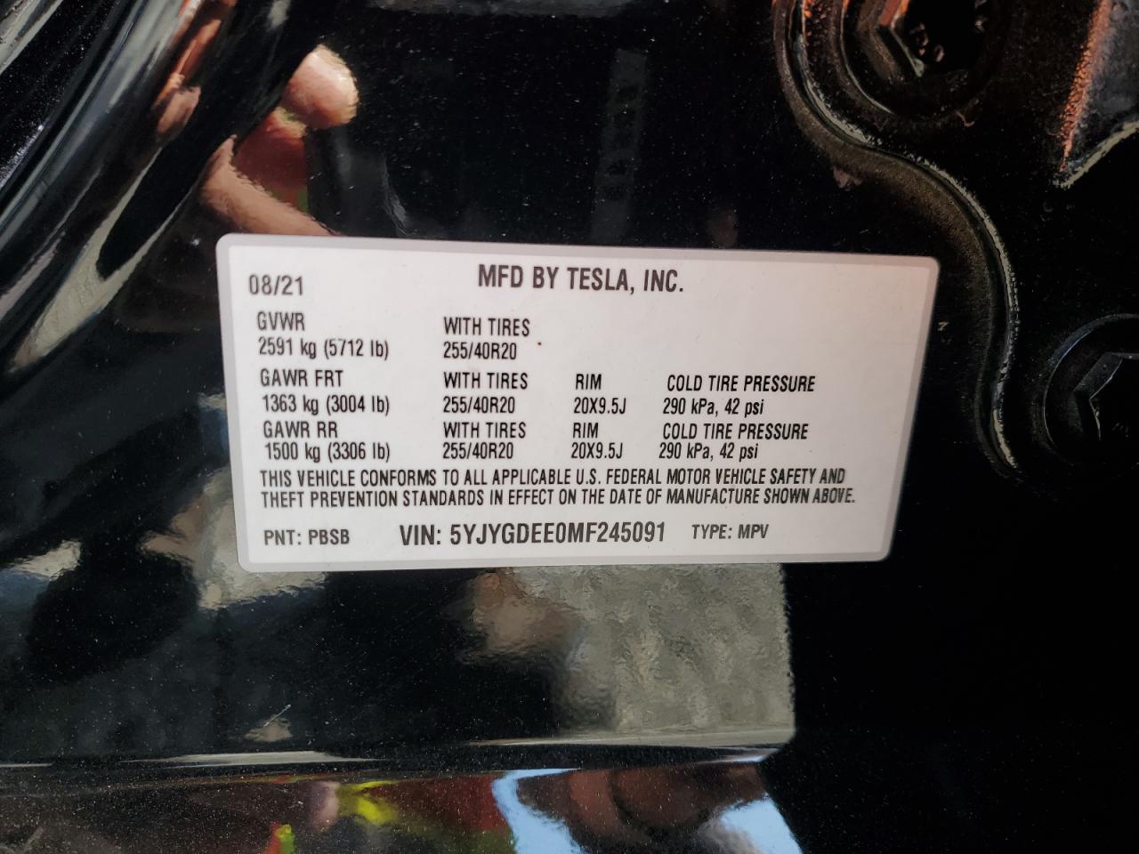 2021 Tesla Model Y VIN: 5YJYGDEE0MF245091 Lot: 67730875