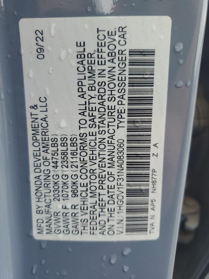 2022 Honda Accord Sport VIN: 1HGCV1F31NA083060 Lot: 67640245
