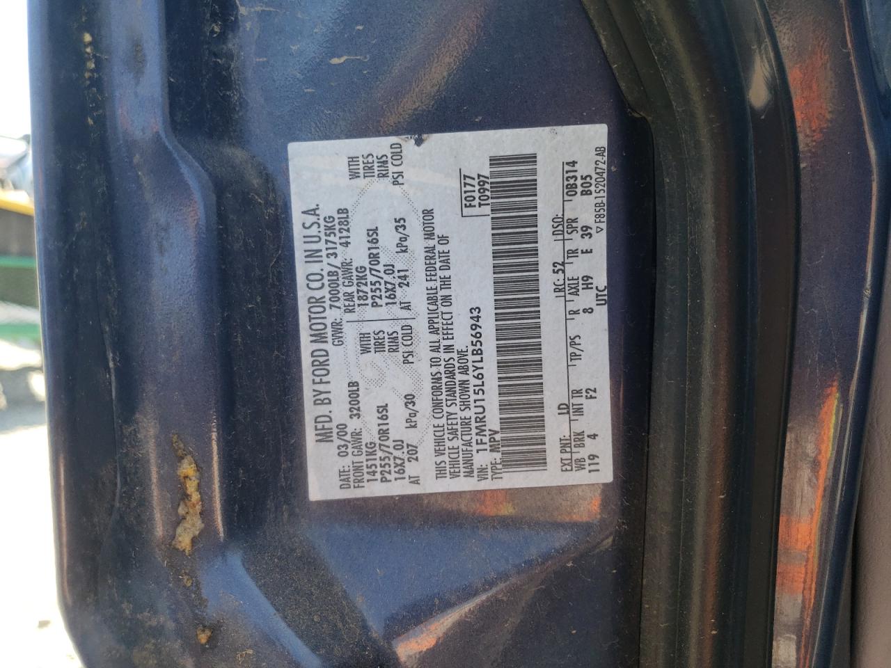 2000 Ford Expedition Xlt VIN: 1FMRU15L6YLB56943 Lot: 69731135