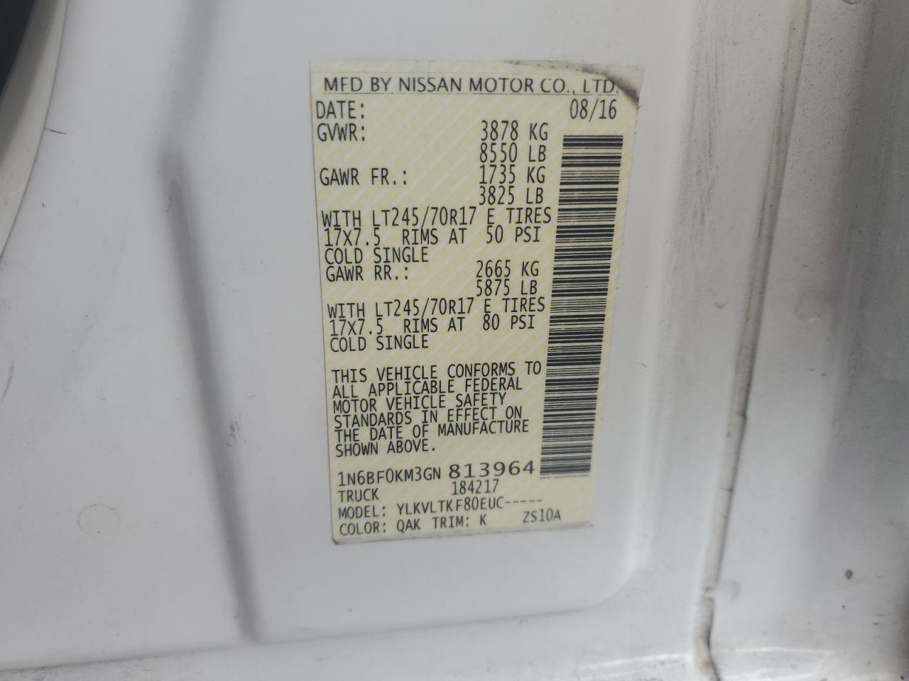 2016 Nissan Nv 1500 S VIN: 1N6BF0KM3GN813964 Lot: 69681505
