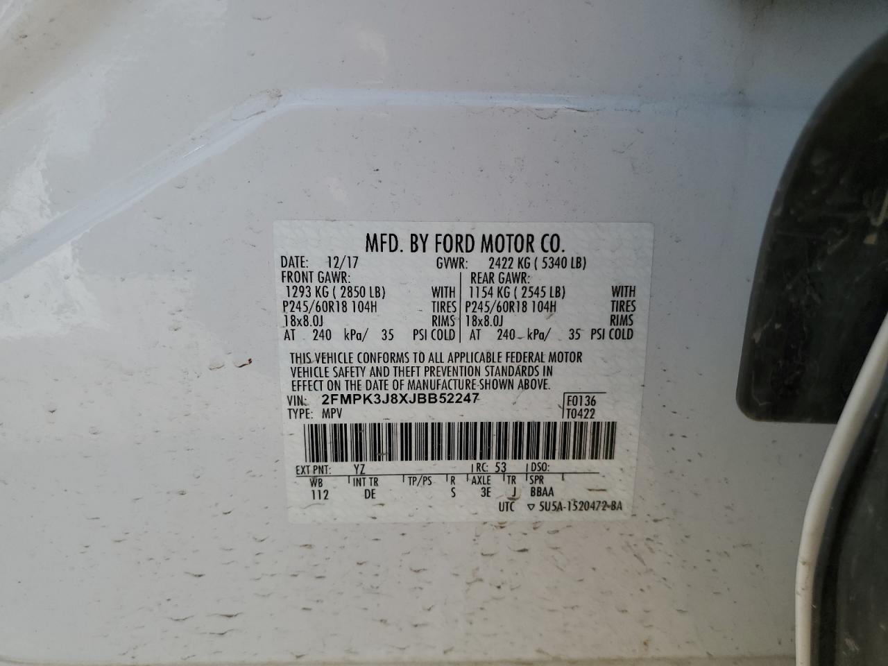 2018 Ford Edge Sel VIN: 2FMPK3J8XJBB52247 Lot: 71002595