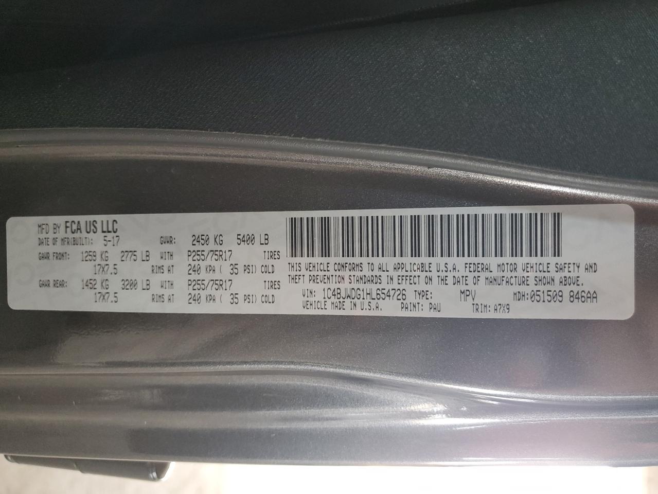 2017 Jeep Wrangler Unlimited Sport VIN: 1C4BJWDG1HL654726 Lot: 70780325